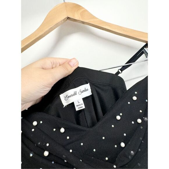 Emerald‎ Sundae Mini Black Dress Size Large Pearl Embellished Mesh Strappy NEW - Picture 7 of 8